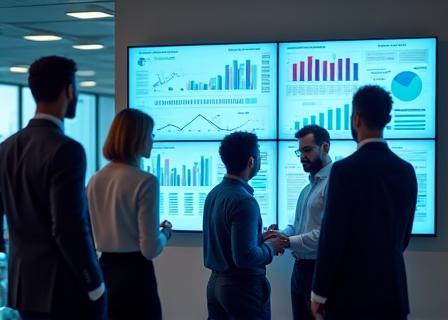Diverse team members collaboratively discussing charts and data on screens